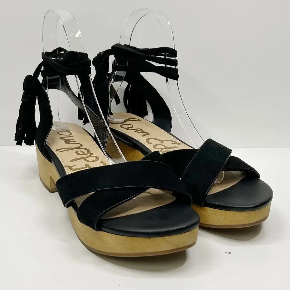 SAM EDELMAN Jenna Ankle Wrap Wooden‎ Clog Sandals Retro Lace Up Black Sz 7